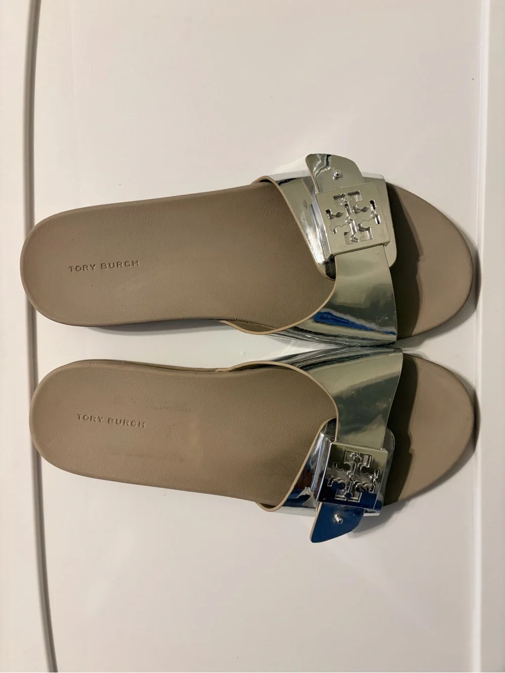 Tory Burch Women's Silver Metallic Slide Sandals - Size 9
